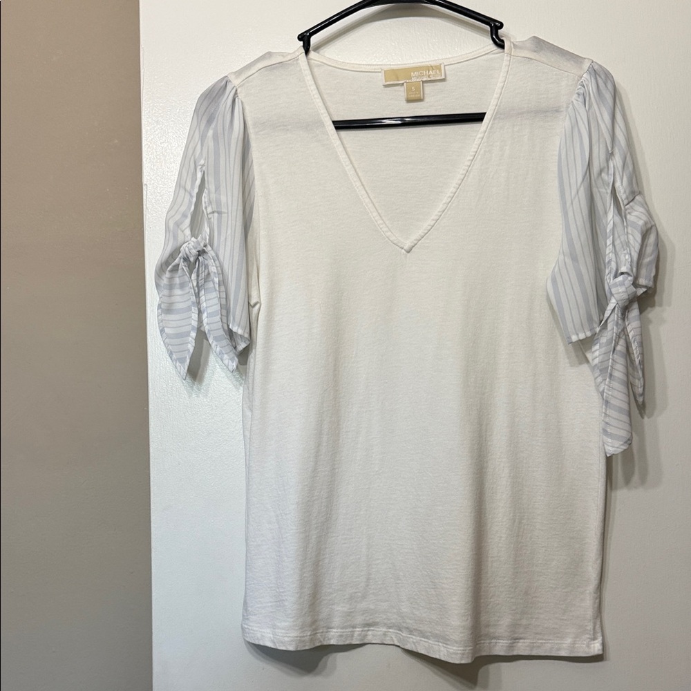 Michael Kors White V-Neck Blouse with Striped Sleeves